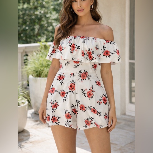 Almost Famous Pants - Almost Famous Red Floral Off-Shoulder Jumpsuit, Juniors XL, Women M